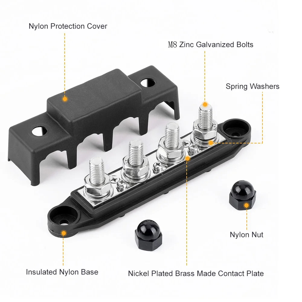 12V Power Distribution Block 250A Bus Bar Terminal Block with Cover 4 x M8 Terminal Studs Screw