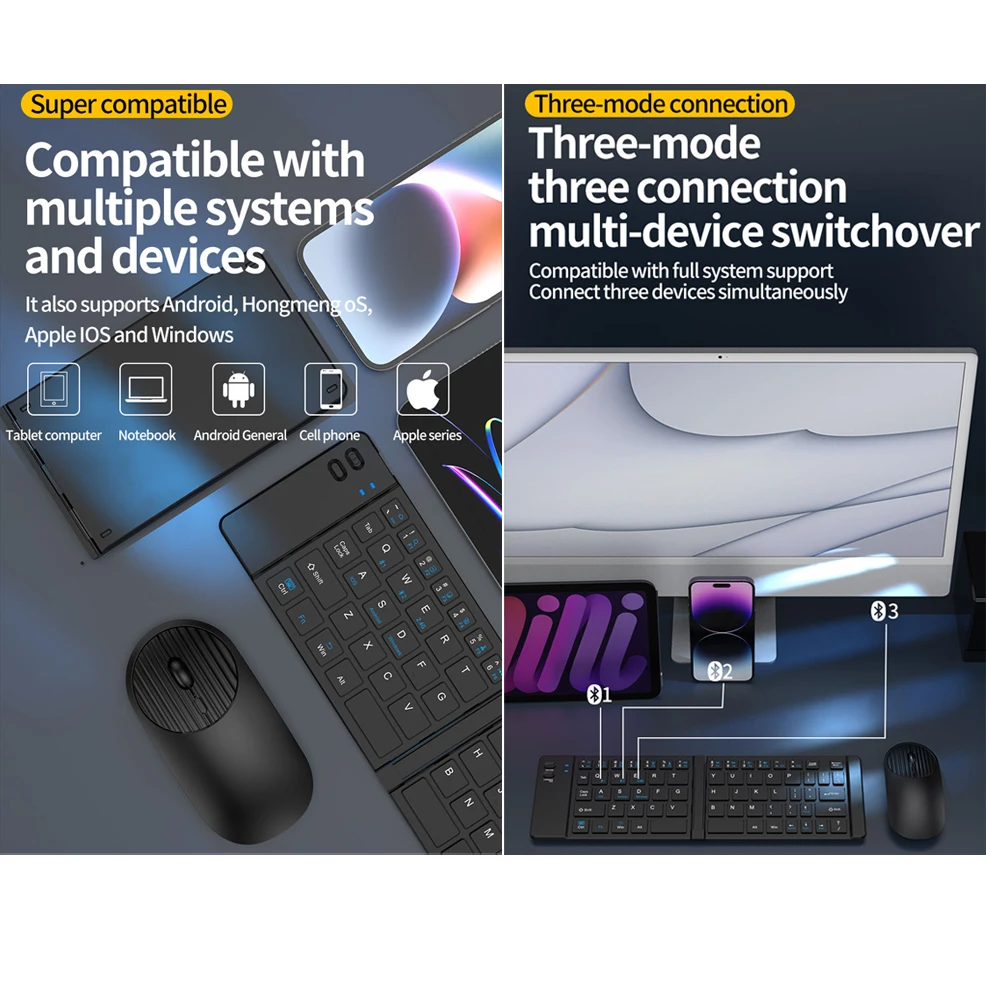 Foldable Wireless Bluetooth Keyboard and Mouse Set with Rechargeable Travel-Friendly Design