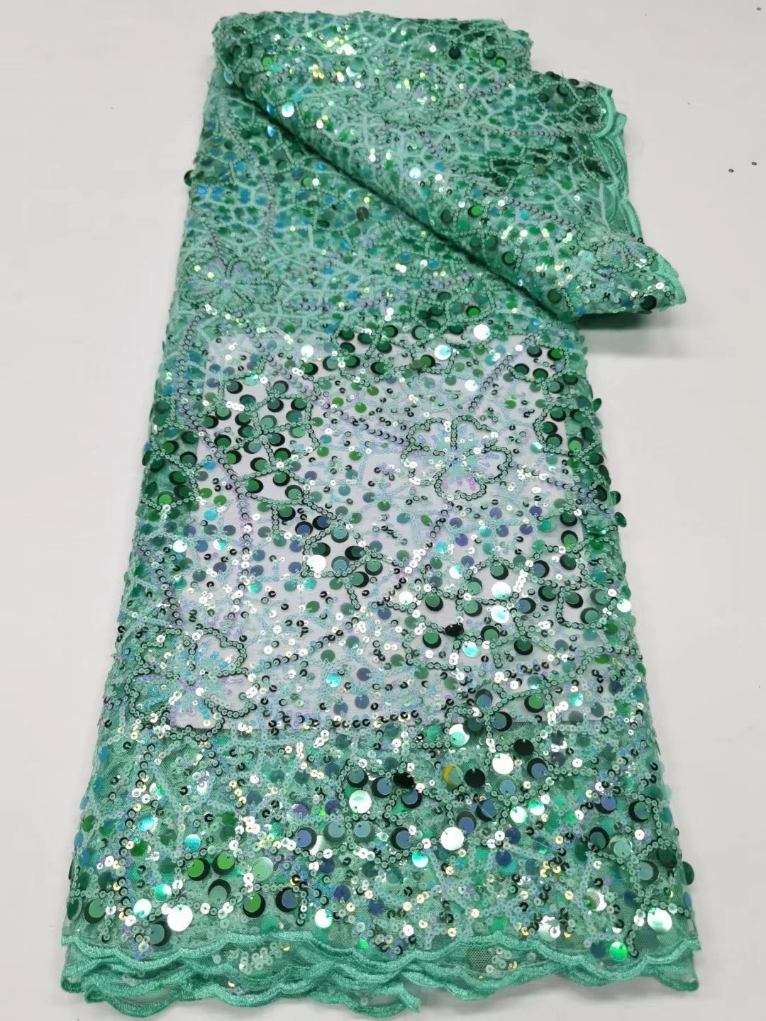 

African Materials Green Lace Fabric 2023 High Quality New Embroidery Sequins Evening Dresses For Women Mesh Lace Fabric 5yards