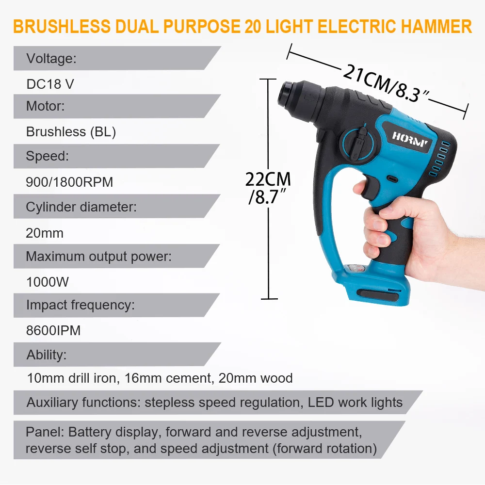Hormy Brushless Rotary Rotary Hammer Concrete Light Duty Multifunctional Adjustable Speed Impact Drill For Makita 18V Battery 2