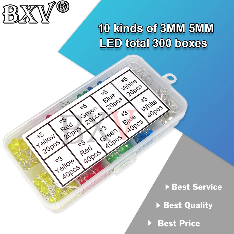 

300PCS/Set 10Value 3mm 5mm LED Light White Yellow Red Green Blue Assorted Kit DIY LED 3V 20mA New Original LED Diode