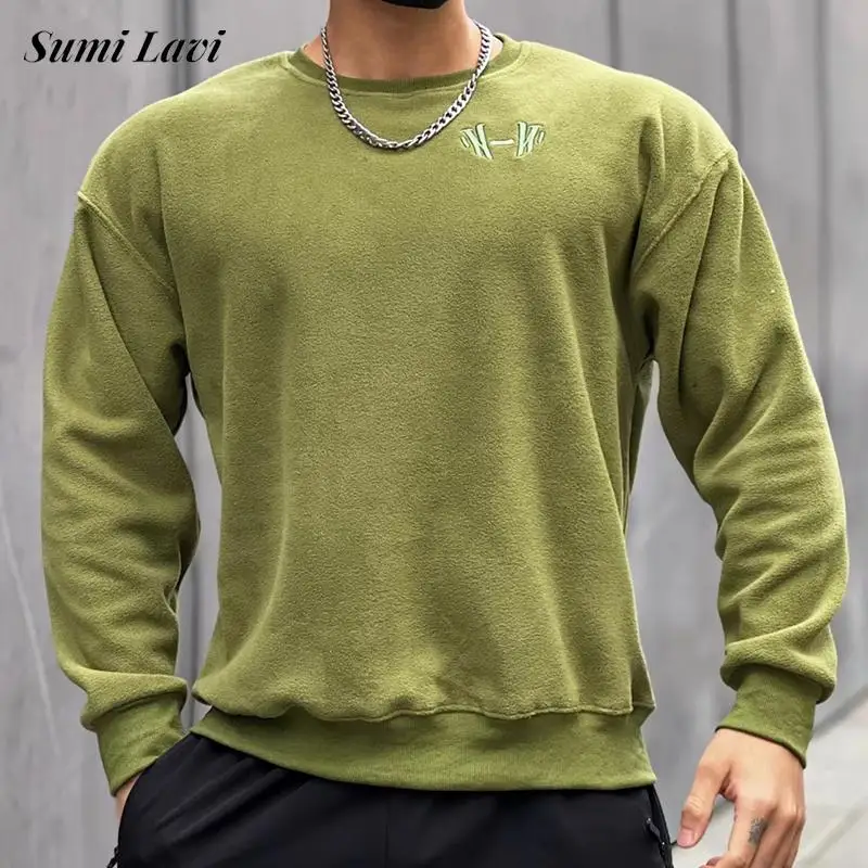 

Autumn Fashion Mens Fleece Hoodie Vintage Embroidery Pure Color Wool Sweatshirt Winter Men Clothing Casual Loose Long Sleeve Top