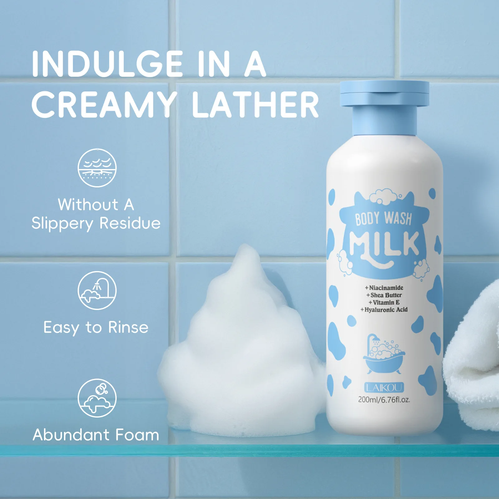 LAIKOU Milk Moisturizing Shower Gel 200ml Hydrating Moisturizing Soft Skin Cleansing Oil Control Shower Gel