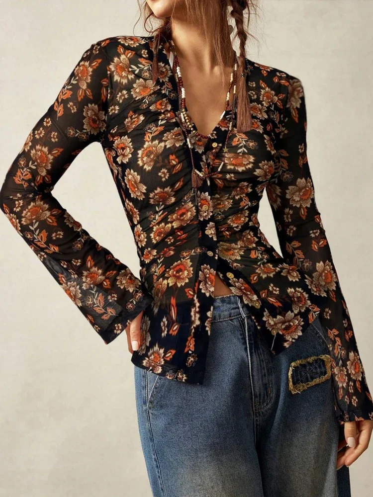 Spring and Summer New Printed Women's Lapel Cardigan Long-sleeved Shirt Fashionable Slim-fit Retro Button Commuter Casual Blouse