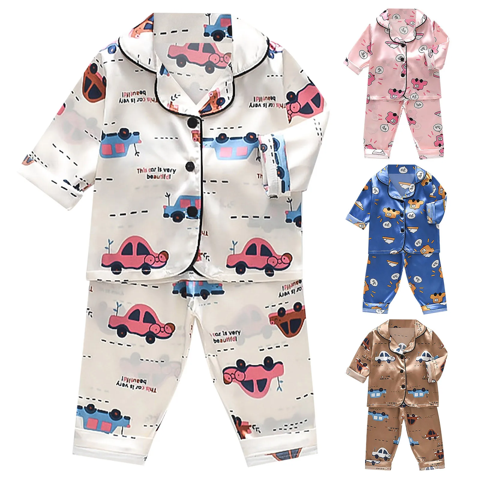 Toddler Kids Baby Boys Girls Satin Cartoon Button Down Shirt Tops + Long Pants Silk Toddler Girl Pajamas 5t Kitty for