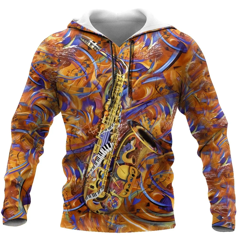 

New saxophone music pattern 3D printed hoodie for men's autumn sportswear, unisex streetwear, casual women's zippered pullover