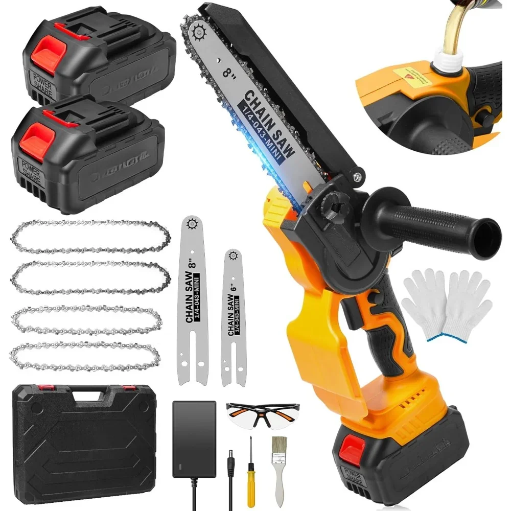 Mini Chainsaw, 8 Inch 6 Inch [With 2Pcs 21V 4000mAh Batteries] Portable Electric with Auto Oiler, Mini Chainsaw