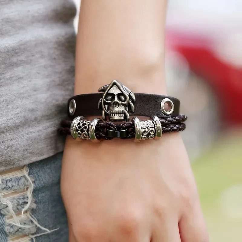 New Beaded Cowhide Bracelet Men Skeleton Head Handwoven Bracelet Punk Style Wristband Bracelet Jewelry Accessories Cccams España