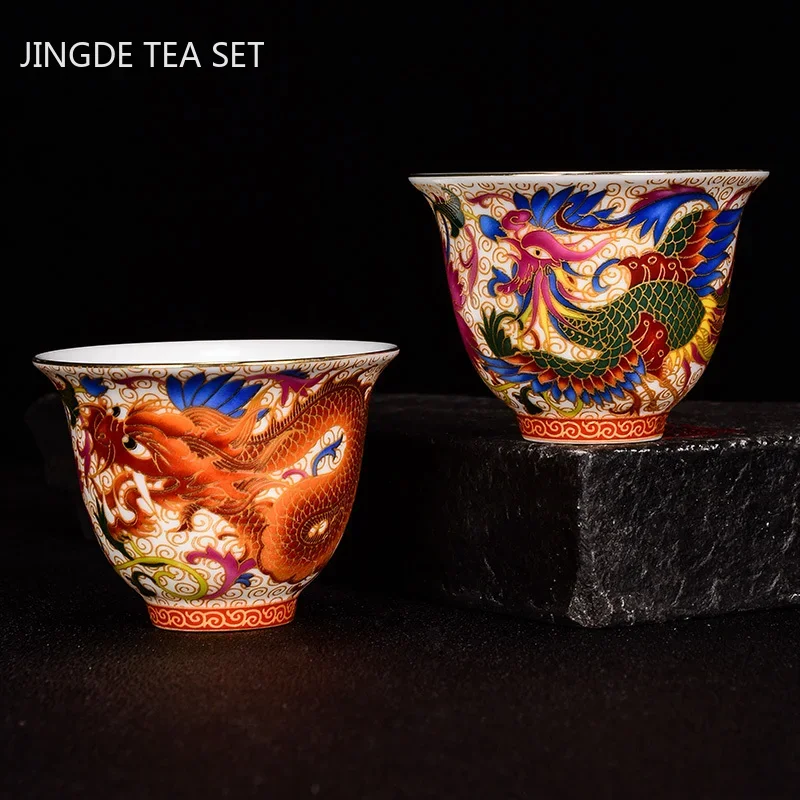 Tea Cup Chinese Handmade Porcelain Tea Cup Dragon and Phoenix Pattern Teacup Ceramic Master Cup Personal Tea Bowl Teaware