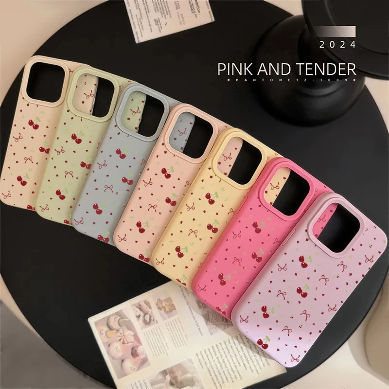 Cherry Silicone Shockproof Soft Leather Phone Case with Cute Heart and Bow Design