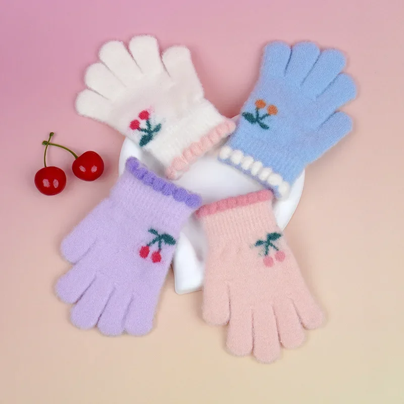 Korean Sweet Cherry Children Kids Warm Gloves Winter Windproof Thicken Boys Girls Kids Cycling Mittens Cute Fashion Baby Gloves