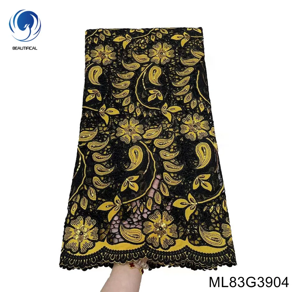 

Black Gold Guipure Cord Lace Fabric Embroidered Chemical Water Soluble Lace Fabric ML83G39