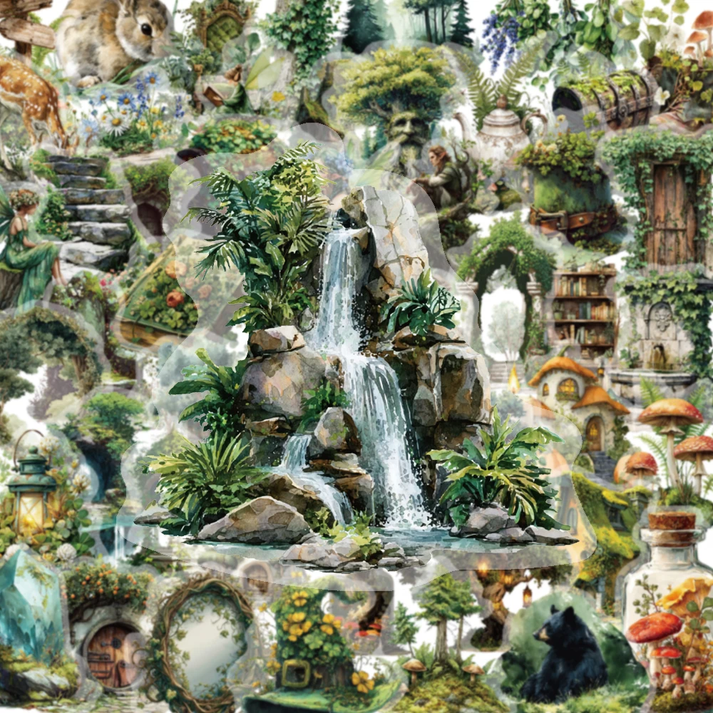 50PCS Mysterious Green Forest Retro PET Sticker Mountain Spring Ancient Tree Treasure Box Tree Stuff Rabbit Fairy Mushroom House