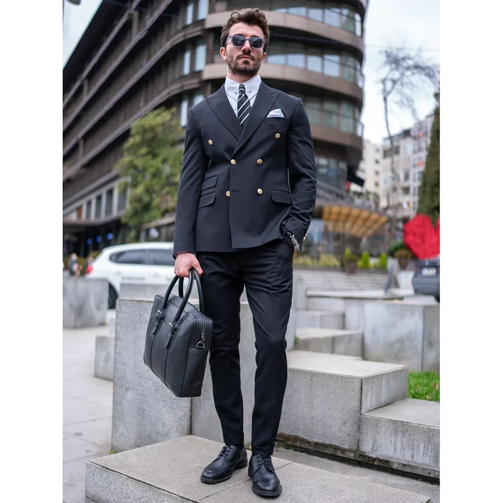 

Костюм мужской двубортный из двух предметов, облегающий деловой Повседневный смокинг для жениха с лацканами, пиджак и брюки, черный цвет