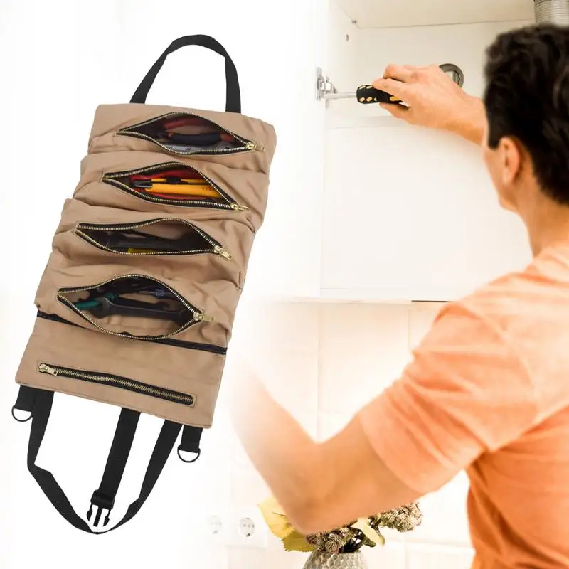 Roll Up Tool Pouch Heavy-Duty Large Canvas Roll Up Tool Bag Organizer Multi Purpose Tool Organizer For Car Pliers Electrician