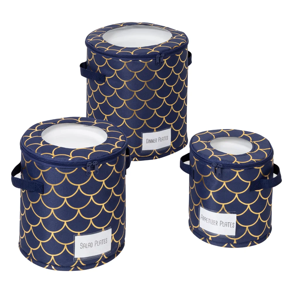 

Honey-Can-Do Round Dinnerware Storage Box Set of Three, Golden Scallop Print