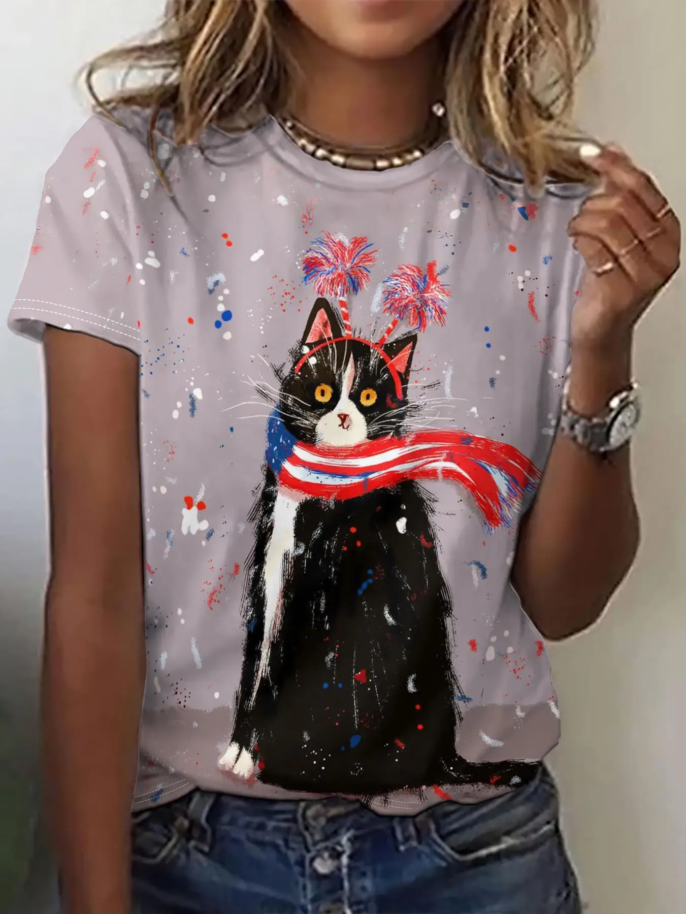 

Funny Cat Print Women's T-Shirts O-Neck Top Short Pullover Sleeved Fashion Casual Oversize Tee Shirt Everyday Life Clothing 2024