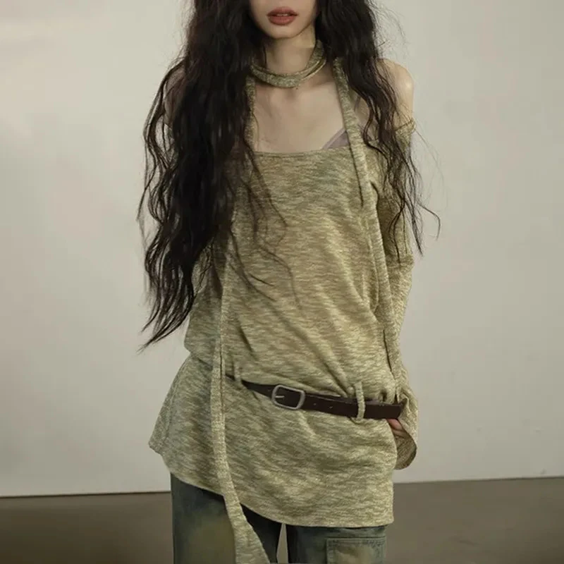 

Harajuku Wasteland Punk Knitted T-shirt Vintage V-neck Loose Tshirt with Scarf High Street 90s Grunge Aesthetics Oversized Tops