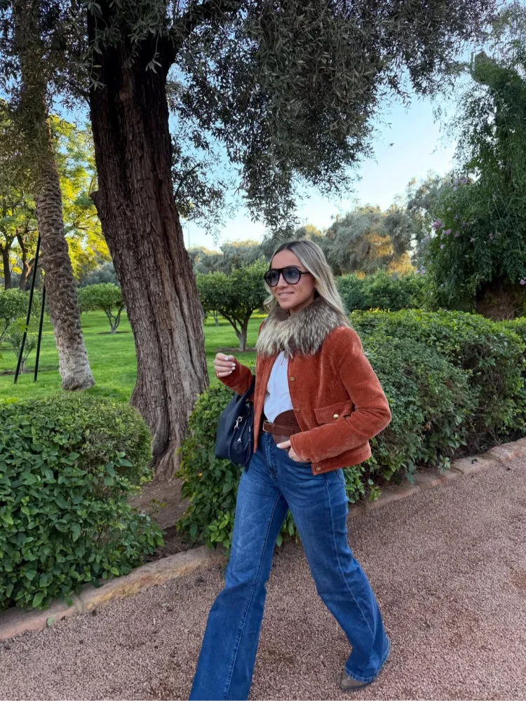 Vestes courtes en velours à revers Orange pour femmes, mode simple boutonnage, manches longues, poches, veste ample, vêtements d'extérieur de rue pour les déplacements, 2026