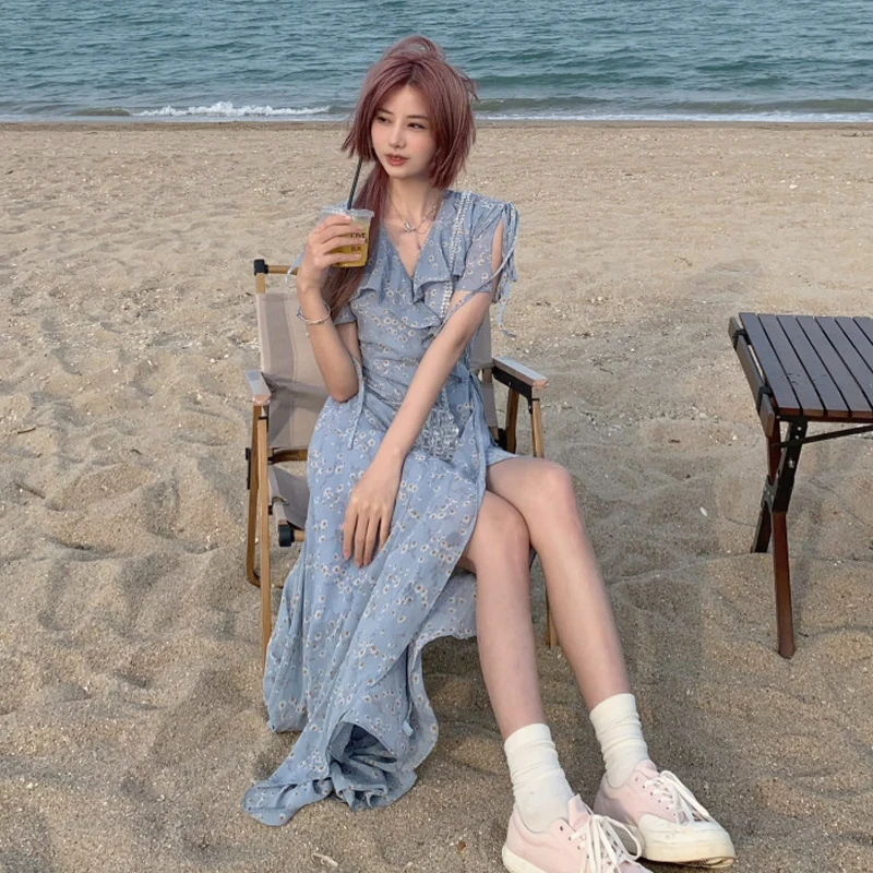 

2022 Summer Ruffle Floral Irregular Lace Up One Piece Dress