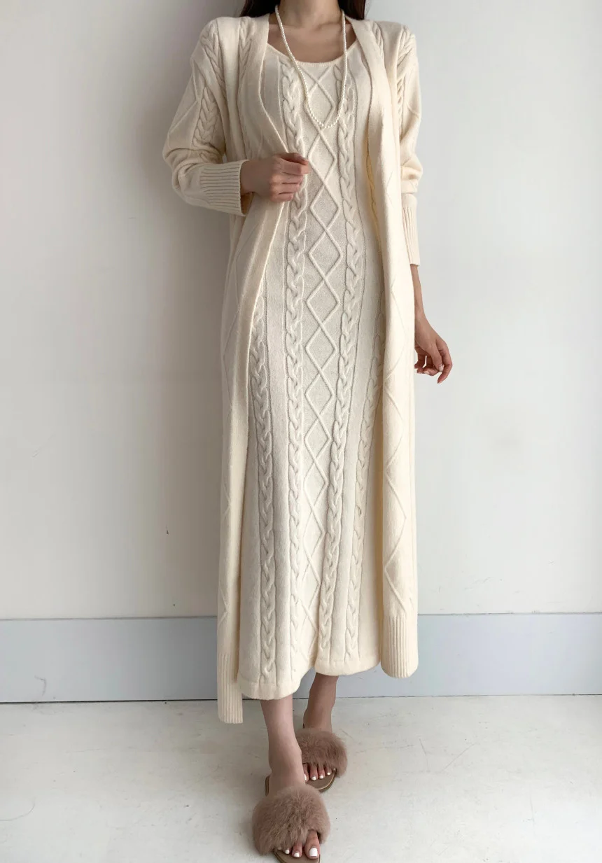 Elegant Fall Winter Thick Knitted 2 Piece Set Women Twist Long Cardigan Sweater Coat +Sleeveless Long Dress Suit Ensemble Femme