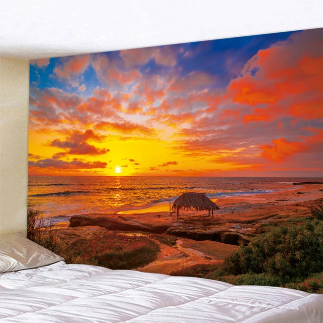 Bord de mer plage coucher de soleil scène psychédélique décor à la maison Art tapisserie Hippie bohème Tarot chambre mur Mandala suspendu 4