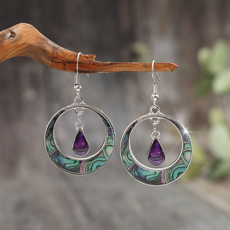 Vintage Silver Color Water Droplet Purple Stone Earrings Unique Metal Round Paste Pattern Dangle Earrings for Women Jewelry