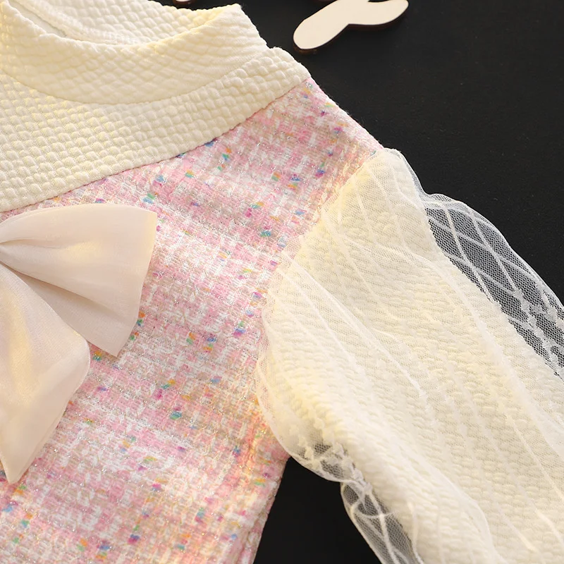 Abiti eleganti per bambini per ragazze Moda Arco Manica lunga Principessa Bambini Festa di compleanno Abito Primavera Morbido Vestiti per bambini Vestito - immagine 3