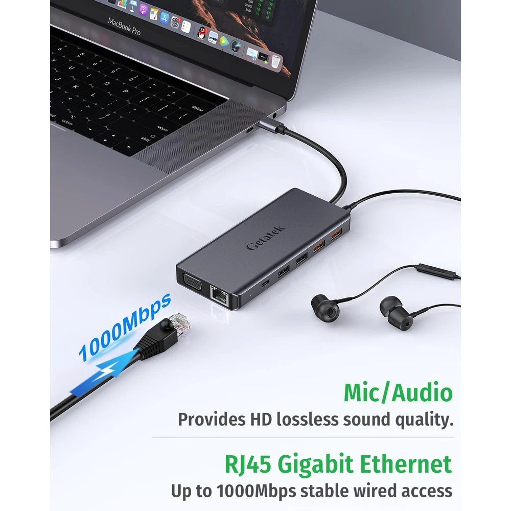 GETATEK USB C Docking Station 13 in 1 Card Reader USB 3.2 Hub Multiport Adapter with 4K HDMI VGA 100W PD Charging Ethernet SD/TF 6