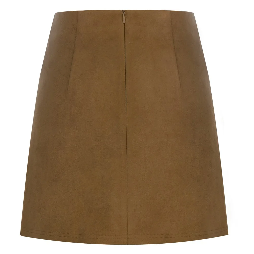 BP Women Vintage Front Slit Skirt High Waist Slightly A-Line Mini Skirt Belle Poque Women Faux Suede Short Skirts OL Workwear A2