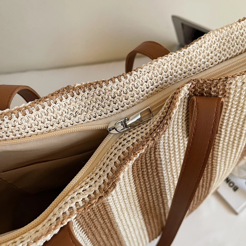 borsa luxury donna borsa donna borsa mare donna MOODS Borse tote grandi a righe per donna Borse a tracolla shopper di grande capacità con design intrecciato in tessuto di paglia Borse da spiaggia estive 2025 - immagine 3