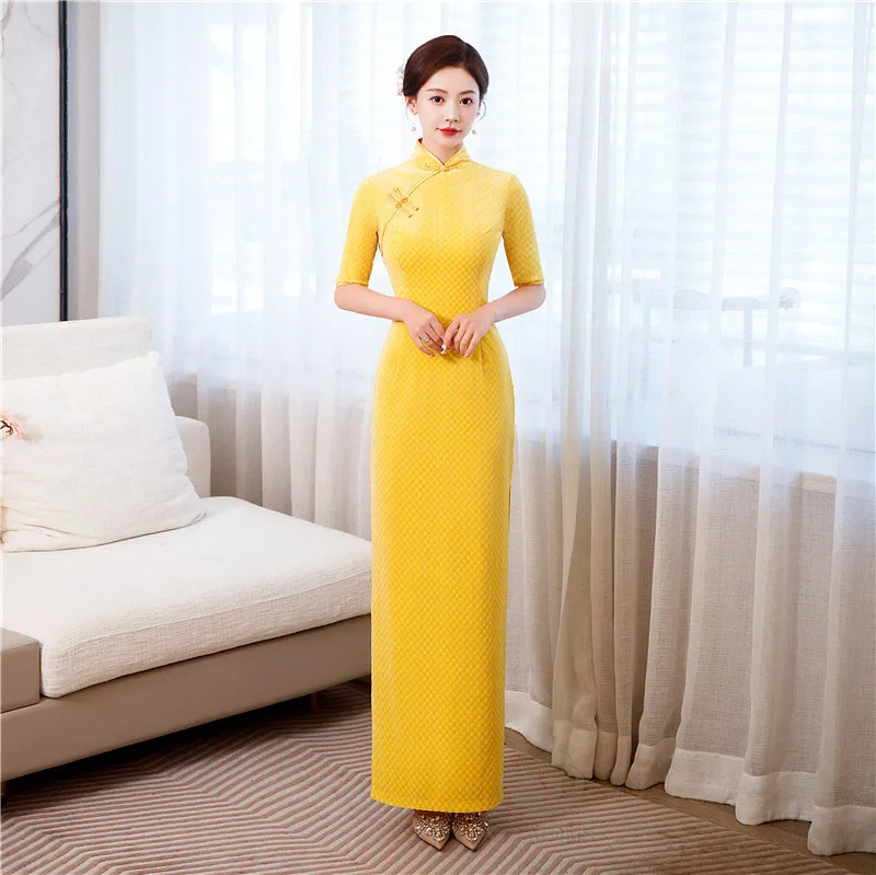 2023 New Autumn Velvet Cheongsam Plus Size Qipao Women Vintage Plaid Dress Wedding Party Costume Evening Dresses S To 6XL