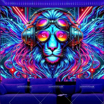 Tapisserie à lumière noire, musique, Animal, Lion, arrière-plan DJ, tapisserie de fête, brille dans la nuit, fluorescente, décoration murale suspendue pour salle 1