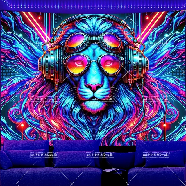 Tapisserie à lumière noire, musique, Animal, Lion, arrière-plan DJ, tapisserie de fête, brille dans la nuit, fluorescente, décoration murale suspendue pour salle 1