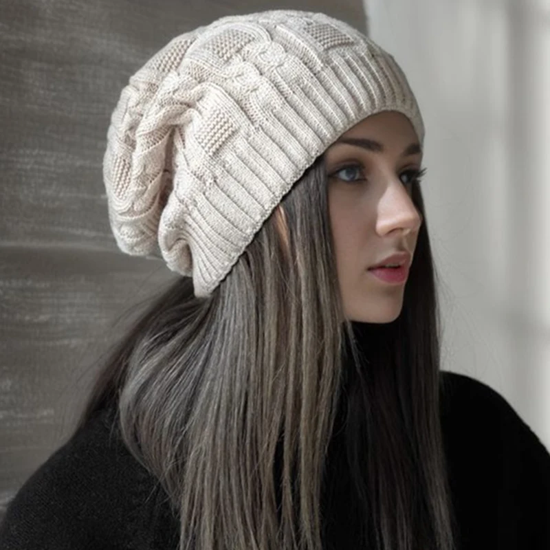 Winter Warm Double Layer Knitted Beanies Hats for Women Fashion Plush Elastic Therml Windproof Skullies Caps Apparel Accessories 3