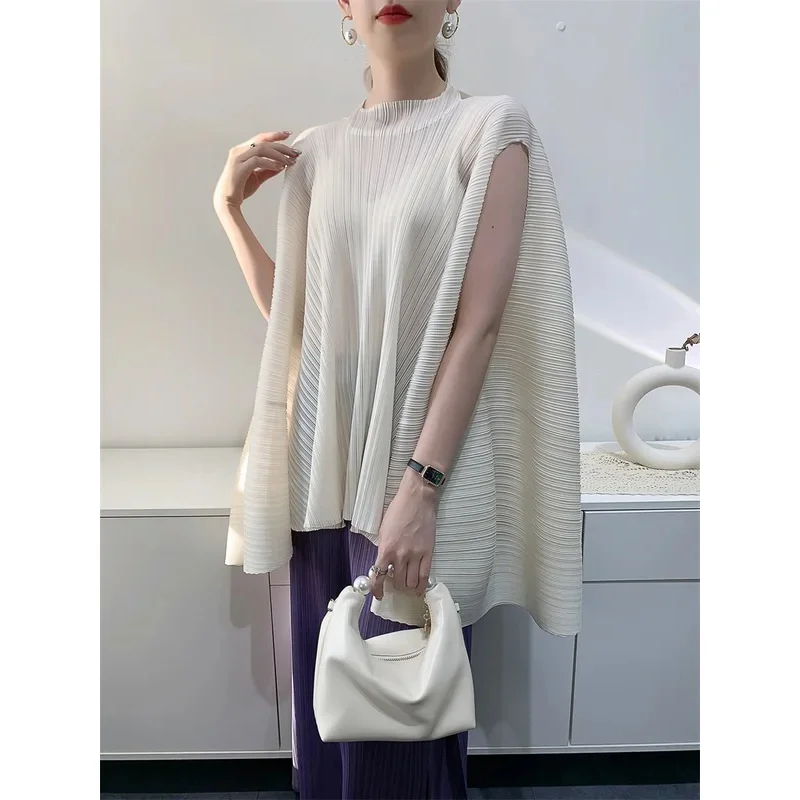 miyake pleated T-shirt for Women, Loose Large size Hanging Neck, Pleated Top, Sleeve Wrap, Tops, Summer, New