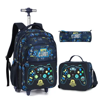 School Rolling Backpack with Wheels for Boys Football School Wheeled Backpack Set With Lunch Box Kids Travel Luggage Bags 1