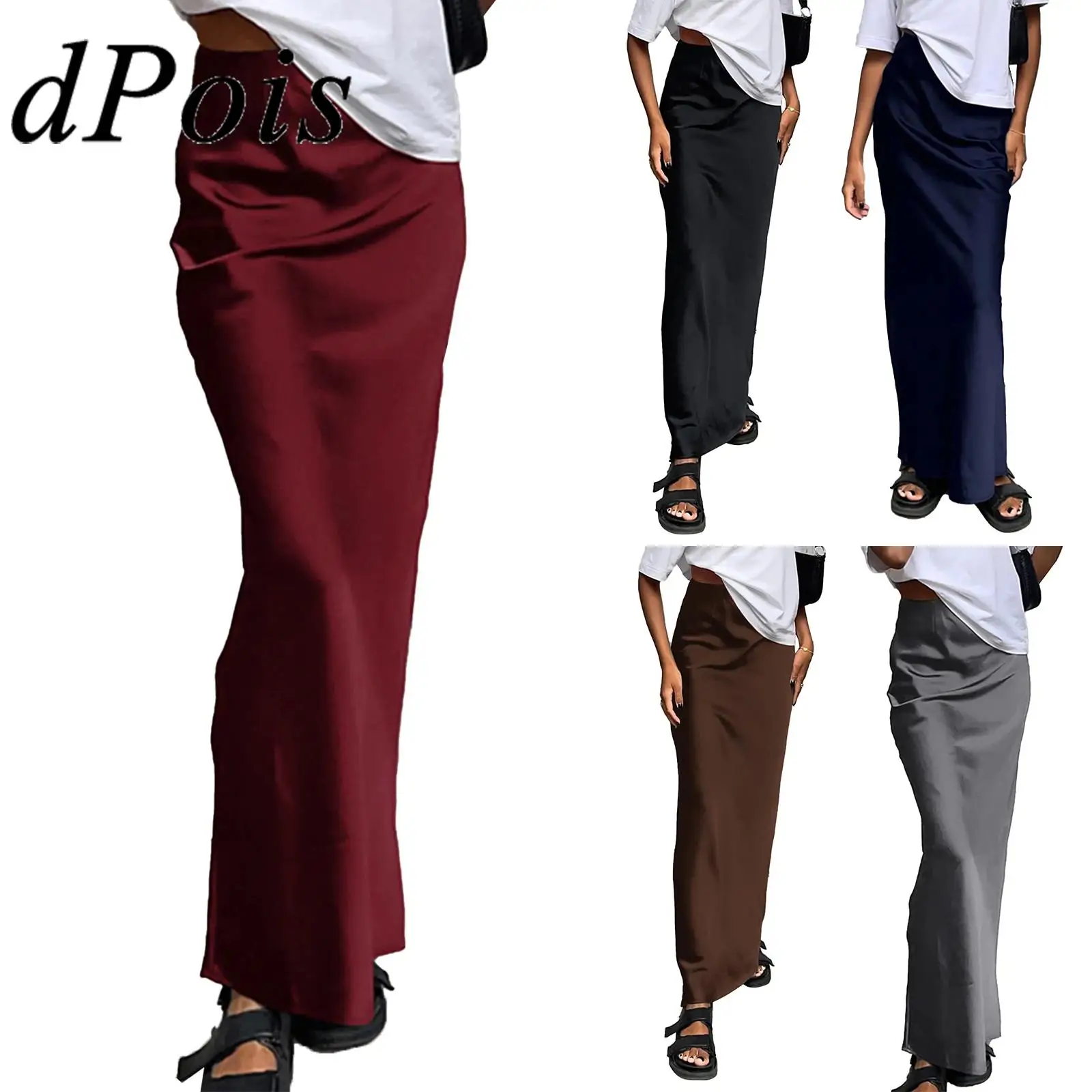 

Женская атласная длинная юбка с завышенной талией, юбка на молнии сбоку, женская уличная одежда, повседневная офисная и повседневная одежда для работы