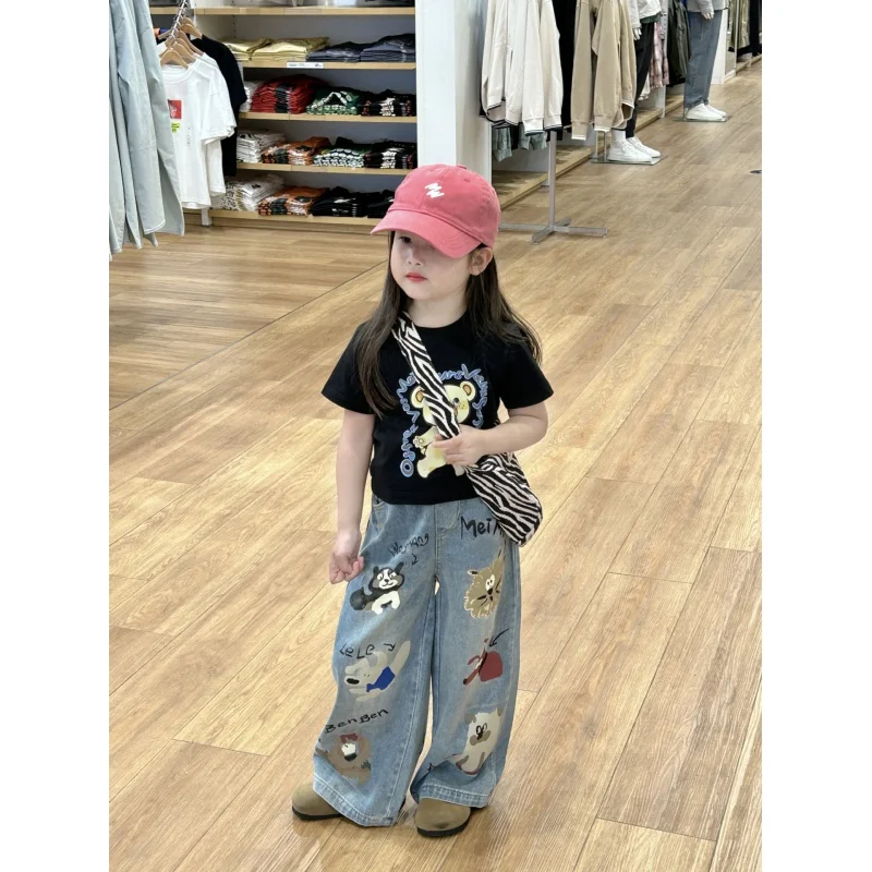 여아용 와이드 레그 팬츠, Children2-7Baggy 스트레이트 팬츠, 올드 아동용 청바지, 2024 여름 신상