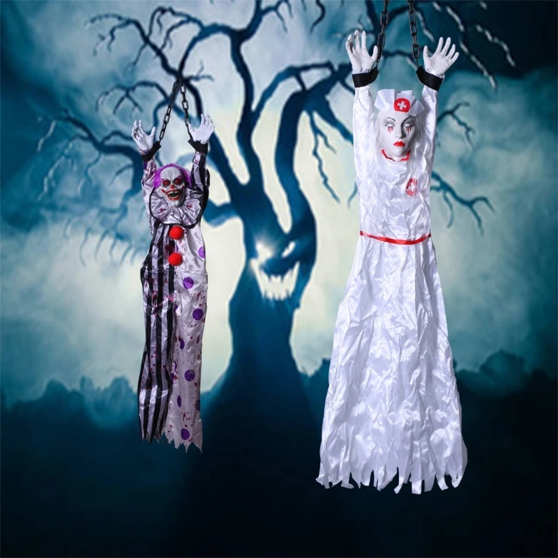 

Halloween Hanging Ghost Clown Nurse Haunted House Decoration Horror Props Voice Control Party Pendant Home Door Bar Deco