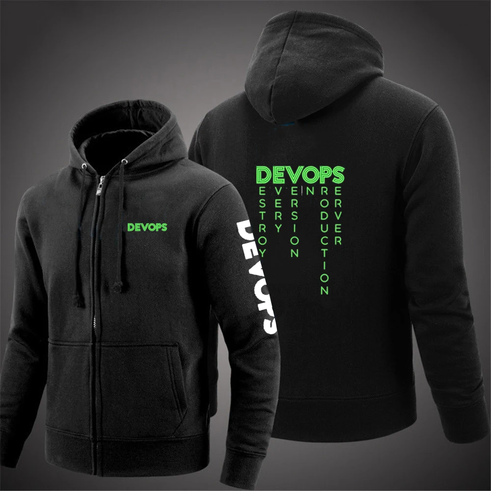 Men's Long Sleeve Classic Zipper Hoodie with DEVOPS Logo Print