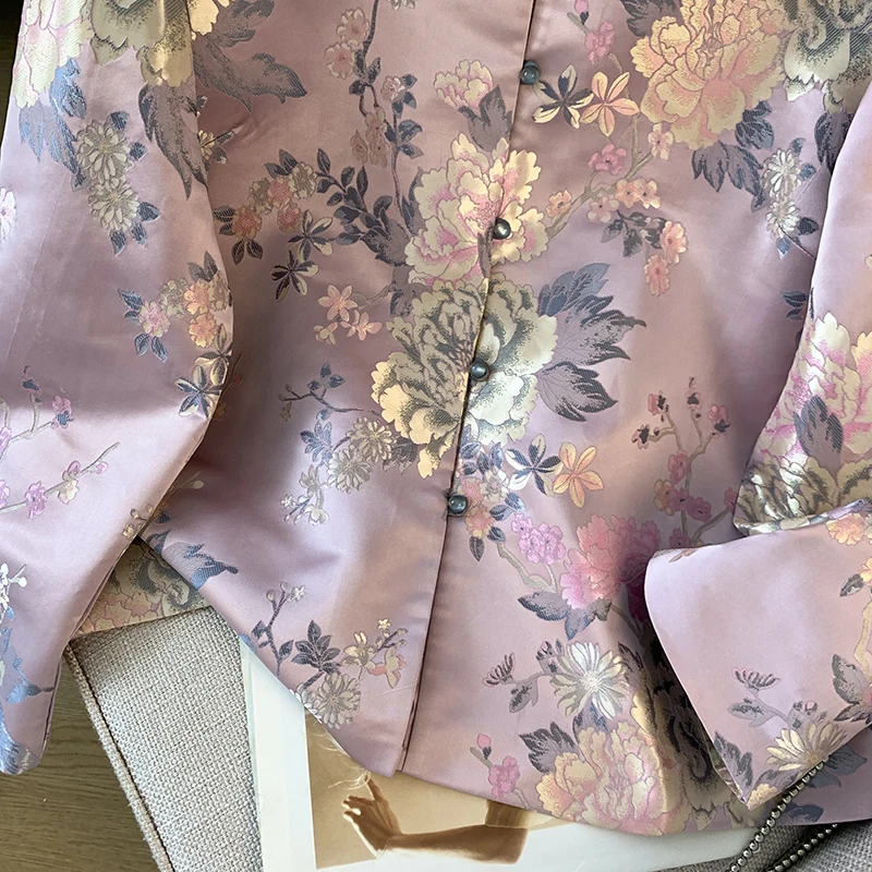 Spring New Chinese Style Hanfu Tang Costume Jacquard Woven Gold Embroidery Long Sleeve Cardigan Women's Jacket Crew Neck D3