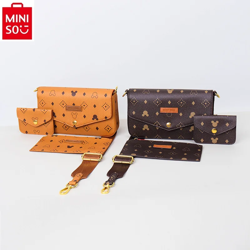 MINISO Disney Women's Classic Multi functional Luxury Brand Mickey Printed Crossbody Bag High Quality Versatile Shoulder Bag