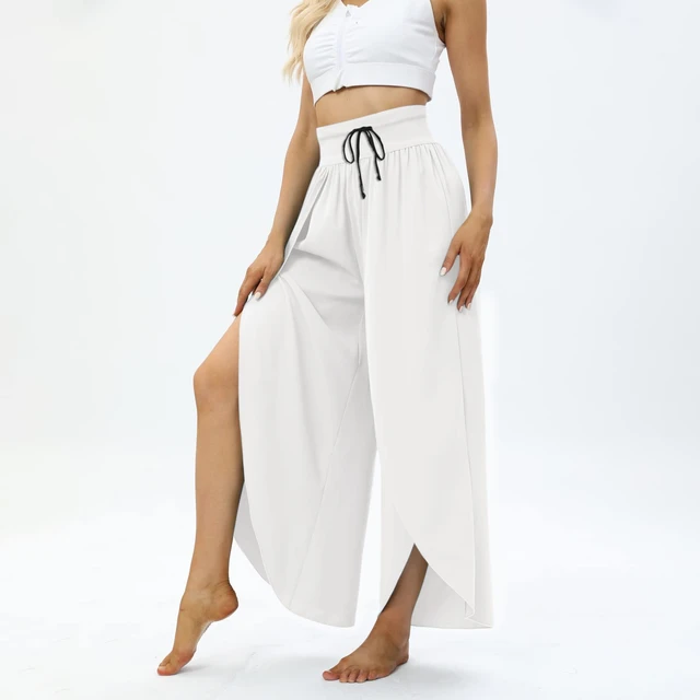 Womens Wide Leg Pants Solid Color High Waist Elastic Waist