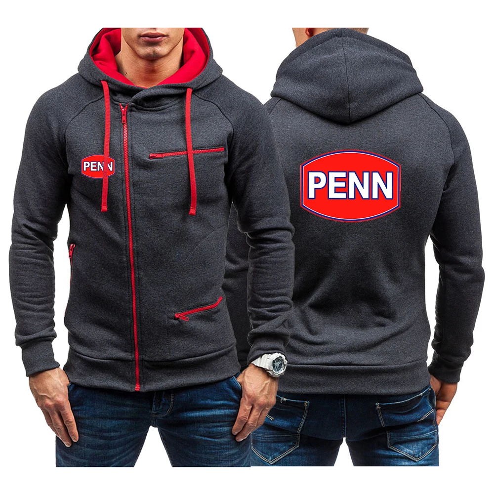 

2023 New Penn Fishing Reel Men Diagonal Zipper Hooded Long Sleeves Hoodies Cotton Fashion Casual Sporting Jacket Man Sportswear