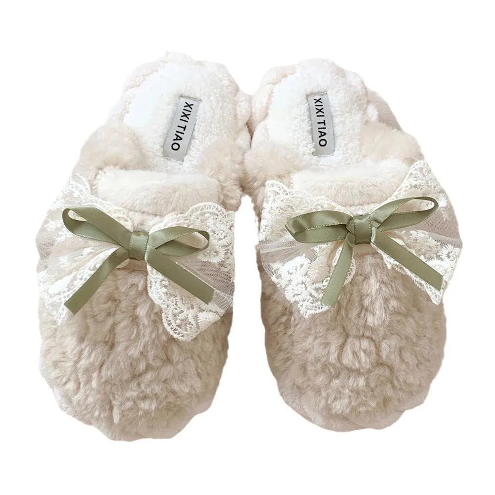 Winter Warm Fur Slippers for Women Cute Bow House Non Slip Soft Shoes Comfort Flat Heel Home Indoor Bedroom Plush Cotton Slides 6
