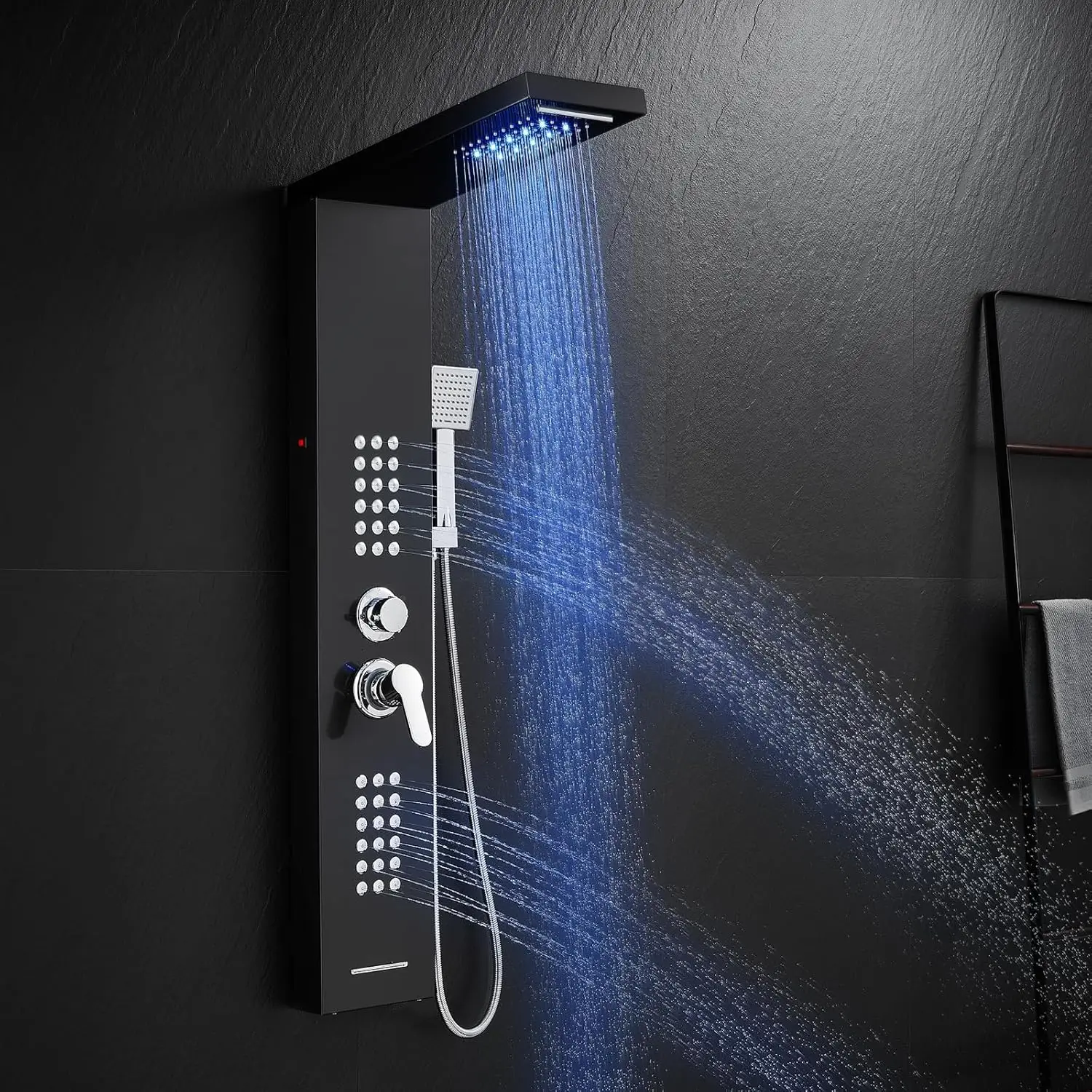 ROVATE LED Shower Panel Tower System Stainless Steel, Rainfall Waterfall Shower Panels with Jets and Handheld