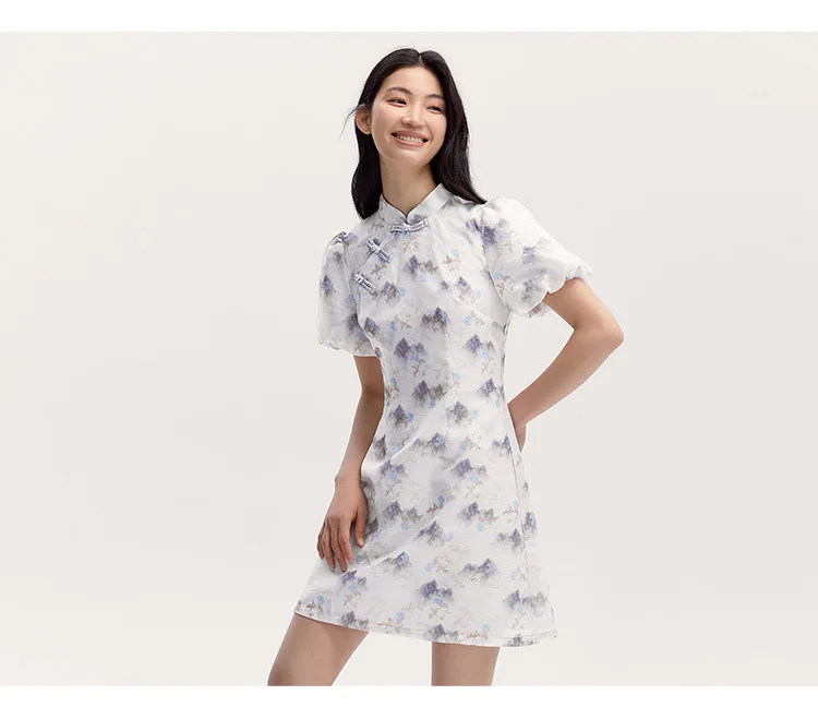 Vestido Cheongsam de verano con mangas abullonadas y estampado de pintura de tinta para mujer