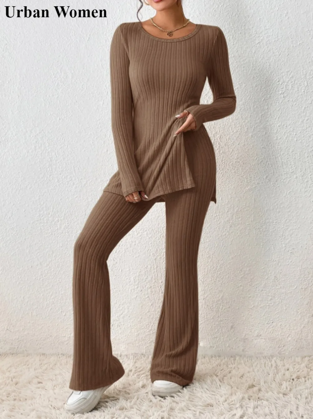 

Autumn Winter Fashion Knitting Two Piece Set Women Casual Solid Elastic Split Top Flared Pants Two Piece Set Women