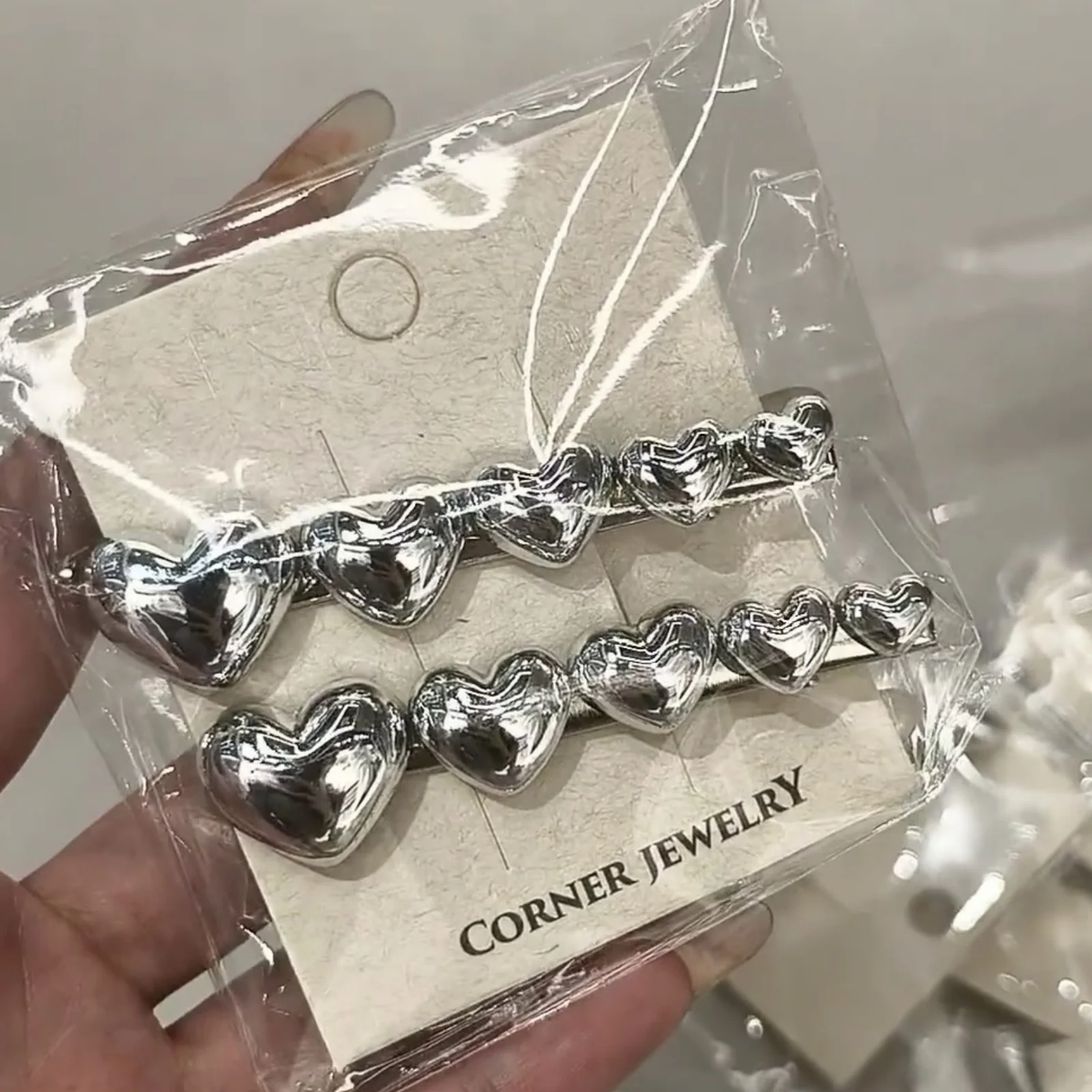 1PC Silver Heart - Shaped Hair Clips Set, 2Pcs Trendy Hairpins, Cute Korean - Style Hair Accessories For Women